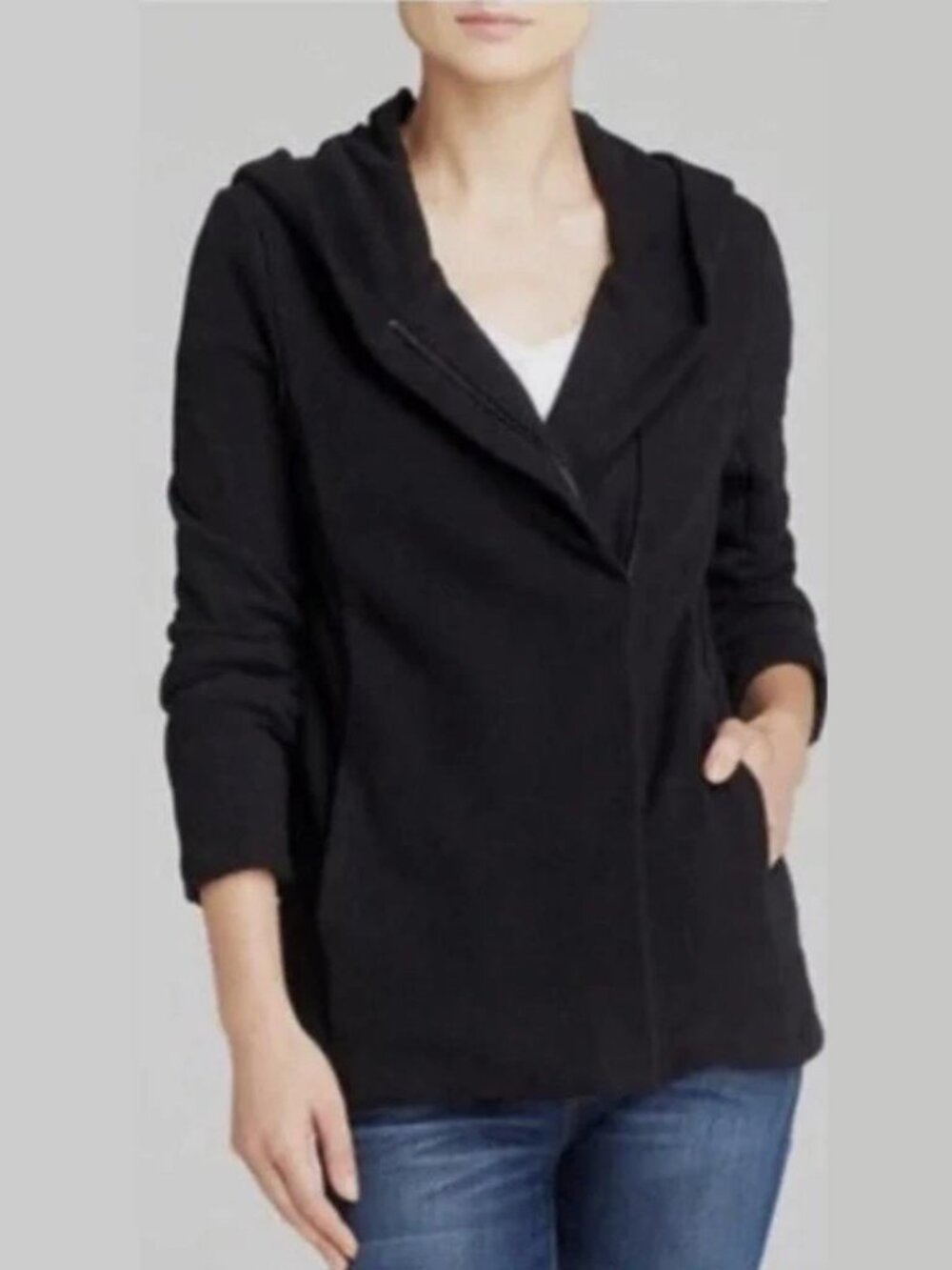 James Perse Standard black cotton moto jacket with hood full zip knit jersey 1